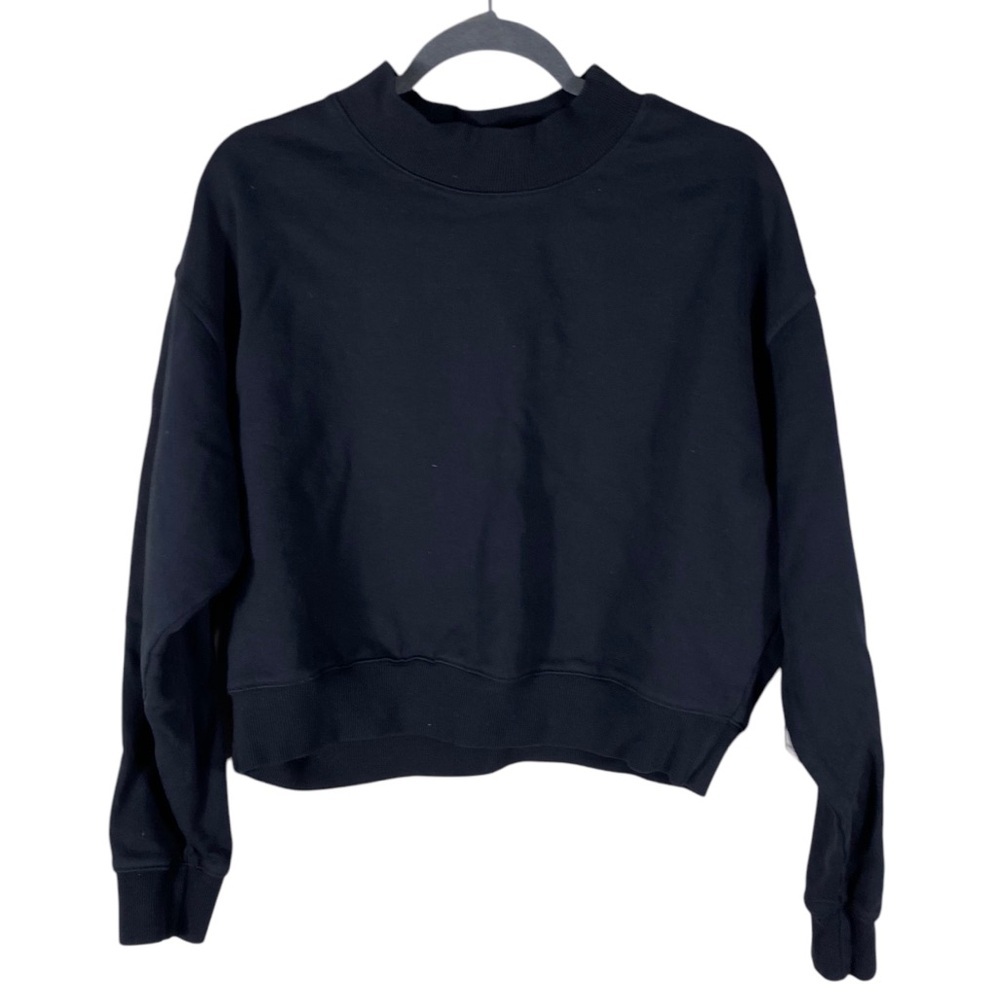 Good American Black Heavyweight Boyfriend Cropped Crew Sweatshirt Sz 4 NWT